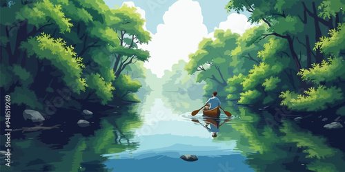 Vintage Vector illustration A man in a boat is paddling down a river surrounded by lush green trees 