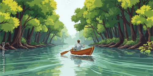 Vintage Vector illustration A man in a boat is paddling down a river surrounded by lush green trees 