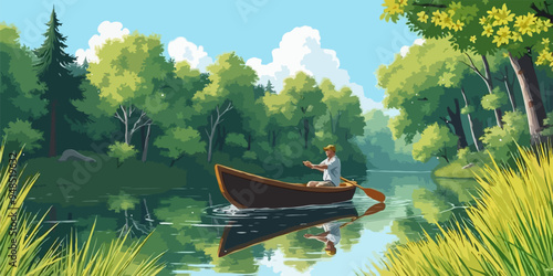 Vintage Vector illustration A man in a boat is paddling down a river surrounded by lush green trees 