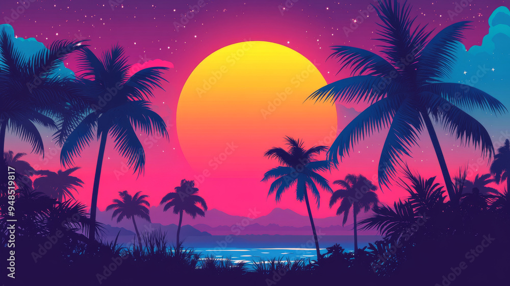 Vector illustration of a sunset with palm trees against a vibrant background. Vector illustration of a sunset with palm trees against a vibrant background.