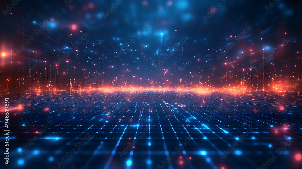 Obraz premium Futuristic digital landscape with glowing grid and light particles, ideal for technology, innovation, and digital transformation concepts.