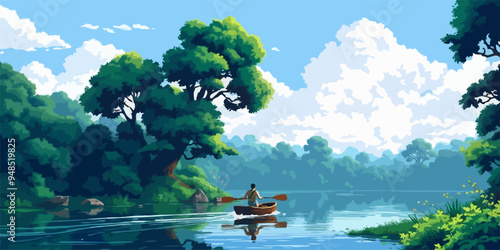 Vintage Vector illustration A man in a boat is paddling down a river surrounded by lush green trees 