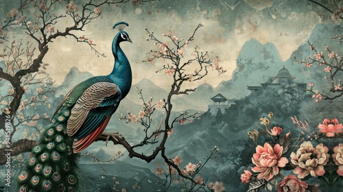 Image of a beautiful peacock with a beautiful tail perched on a branch of a flower in a blurry forest background. Vector illustration photo