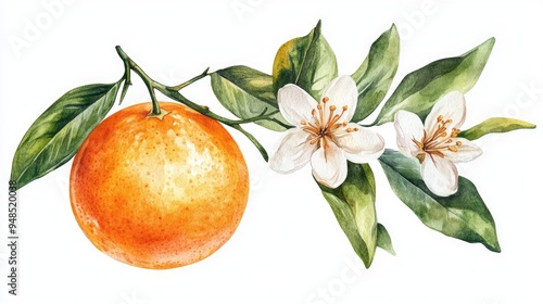 Fototapeta Naklejka Na Ścianę i Meble -  Watercolor illustration of an orange fruit isolated on a white background Features an orange blossom branch suitable for labels prints banners and citrus themed events Elements representing healthy