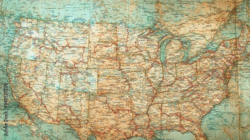 A close-up of a vintage American road map with marked highways. No people, copy space.