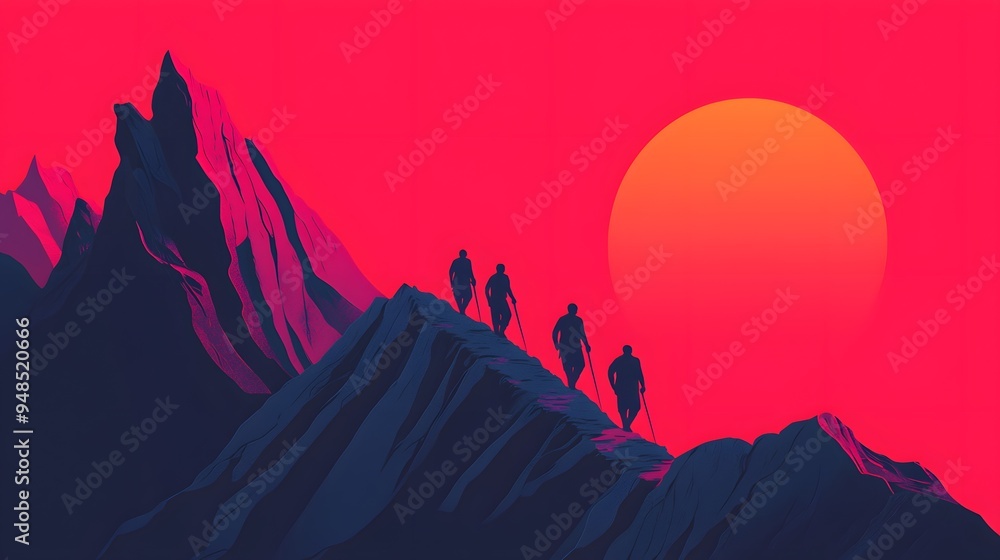 Fototapeta premium Silhouettes of Hikers Ascending Mountain Peak at Sunset