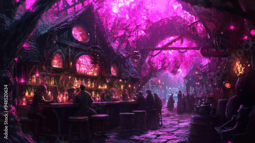 Gothic tavern in an enchanted forest, bathed in pink auroras, with dark elf patrons,