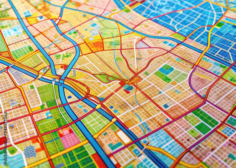 Obraz premium Vibrant close-up of Los Angeles city map showcasing intricate road network, highways, and neighborhoods, with colorful streets and landmarks, perfect for urban planning or travel themes.