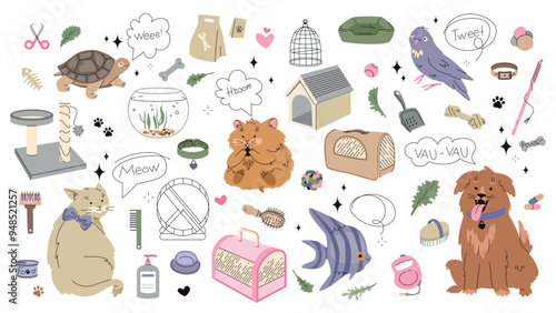 pet characters and accessories vector set