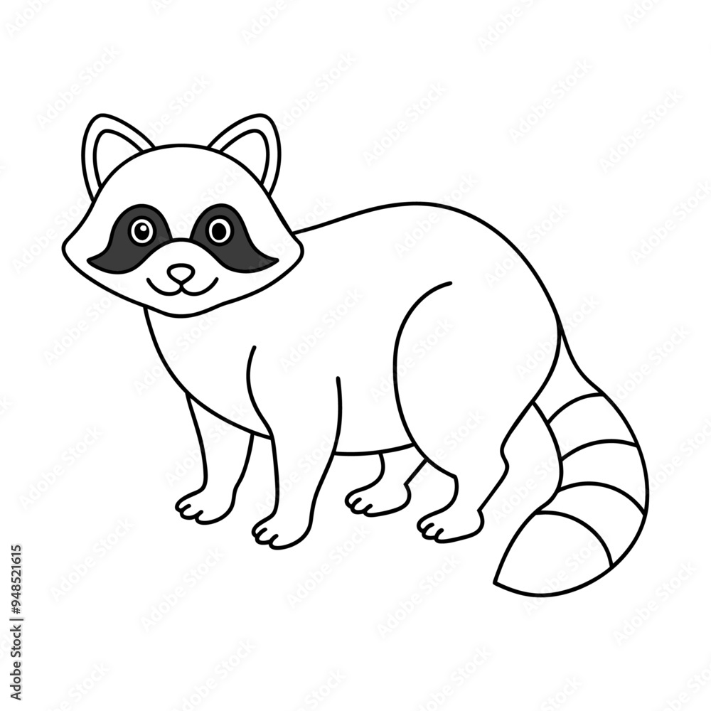 Fototapeta premium Coloring page for kids, simple coloring page, no details, outline, no color, fill frame, edge to edge, white background clipart. Hello racoon