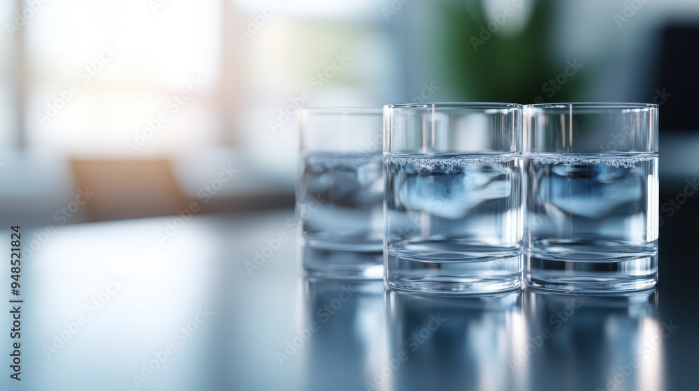 A close-up shot capturing three clear glasses filled with water, meticulously arranged on a reflective table surface, set against a softly blurred background highlighting a modern ambiance. A close-up shot capturing three clear glasses filled with water, meticulously arranged on a reflective table surface, set against a softly blurred background highlighting a modern ambiance.
