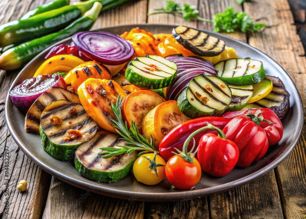 Vibrant grilled vegetables, including bell peppers, zucchini, eggplant, and onions, artfully arranged on a white plate, embodying a nutritious and visually appealing meal. Vibrant grilled vegetables, including bell peppers, zucchini, eggplant, and onions, artfully arranged on a white plate, embodying a nutritious and visually appealing meal.
