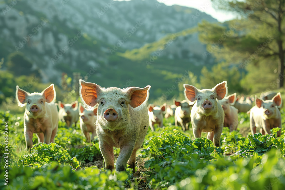 Eco-conscious farm environment with thriving pigs and playful piglets Eco-conscious farm environment with thriving pigs and playful piglets
