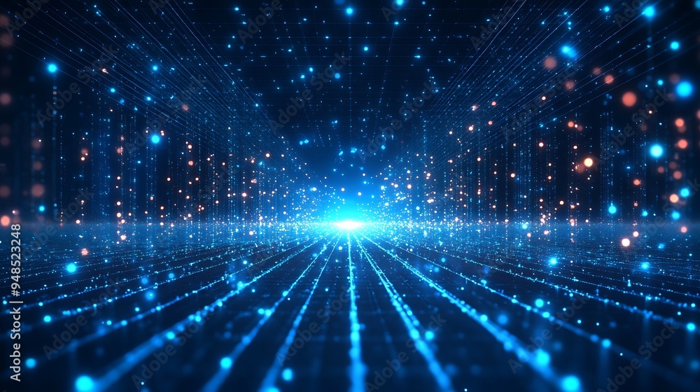 Fototapeta premium Futuristic digital technology background with glowing blue lights and data streams, representing high-tech innovations and virtual environments.