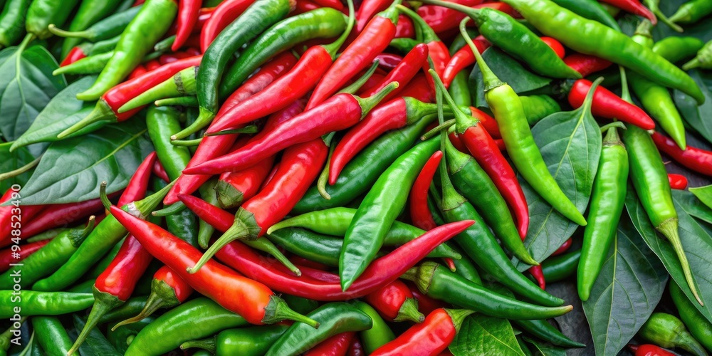 Vibrant red and green chilies scattered on a bed of lush green leaves, perfect for adding a pop of color and spice to kitchen dishes. Vibrant red and green chilies scattered on a bed of lush green leaves, perfect for adding a pop of color and spice to kitchen dishes.