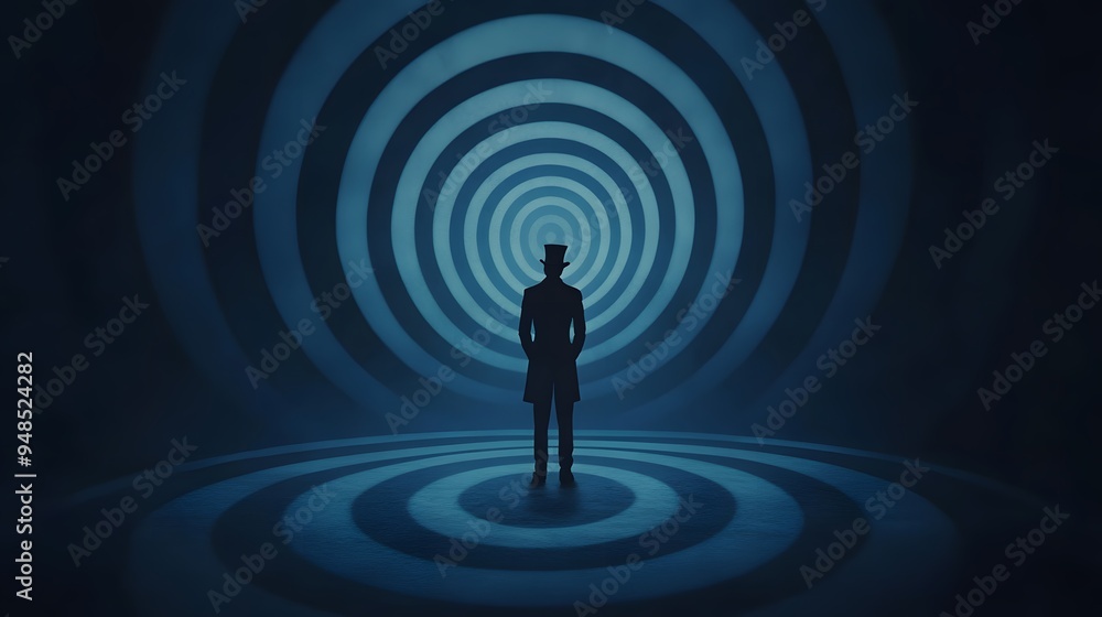 Silhouette of Man in Top Hat Standing on a Circular Pattern Background Silhouette of Man in Top Hat Standing on a Circular Pattern Background