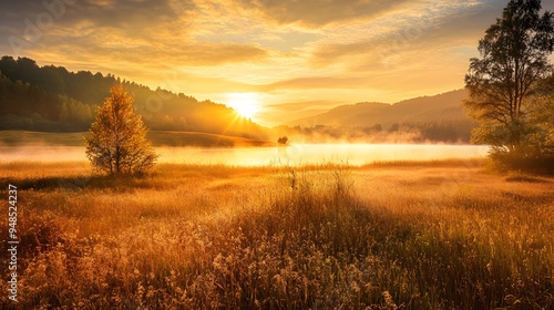 Golden autumn morning Dewy meadows, sunrise over a lake, fog rising