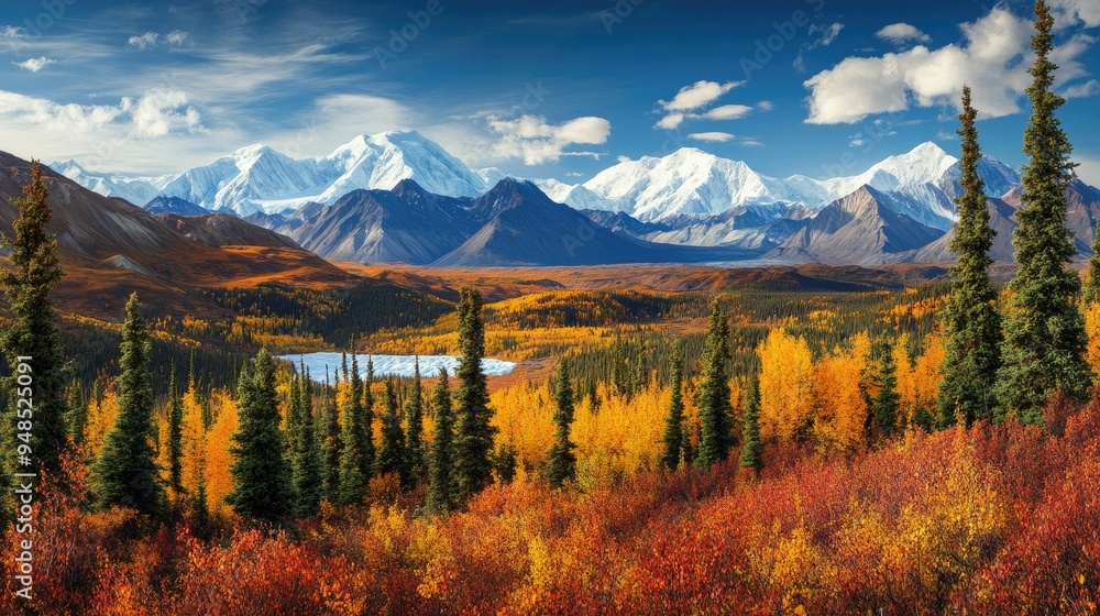 A panoramic view of the Denali National Park with towering mountains and glaciers. No people, copy space. A panoramic view of the Denali National Park with towering mountains and glaciers. No people, copy space.
