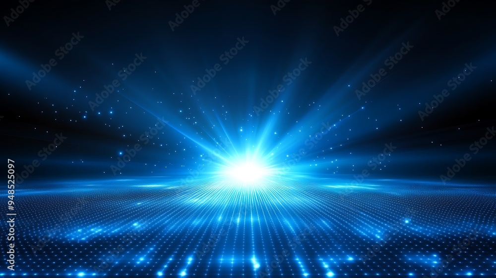 Fototapeta premium Glowing blue digital explosion background with dynamic light rays and futuristic graphic patterns.