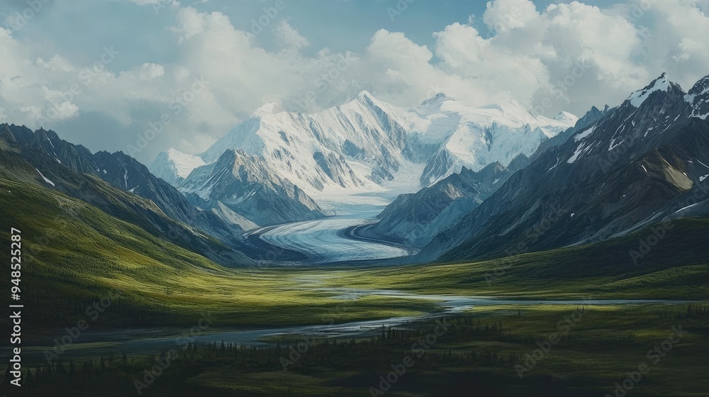 A panoramic view of the Denali National Park with towering mountains and glaciers. No people, copy space. A panoramic view of the Denali National Park with towering mountains and glaciers. No people, copy space.