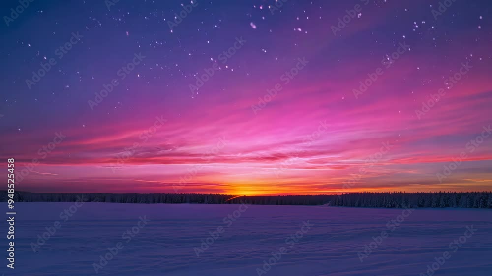 A stunning sunset bathes a snow-covered landscape in vibrant hues of orange, pink, and purple. Silhouetted trees frame the horizon, enhancing the tranquil and serene ambiance. A stunning sunset bathes a snow-covered landscape in vibrant hues of orange, pink, and purple. Silhouetted trees frame the horizon, enhancing the tranquil and serene ambiance.
