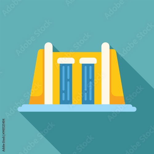 This colorful vector illustration shows a hydroelectric power plant generating sustainable electricity from water