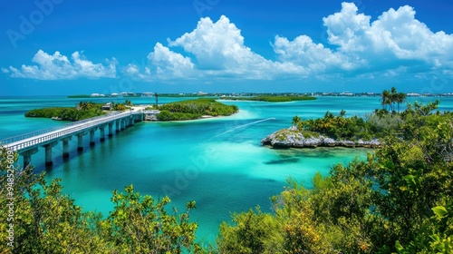 A panoramic view of the Florida Keys with turquoise waters and bridges. No people, copy space.