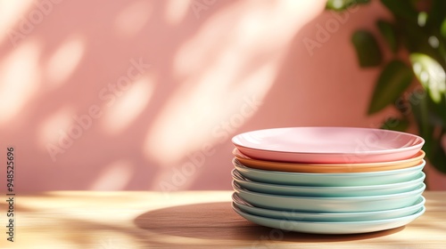 A stack of colorful plates against a soft pink background, featuring serene lighting and shadows that create a warm ambiance.