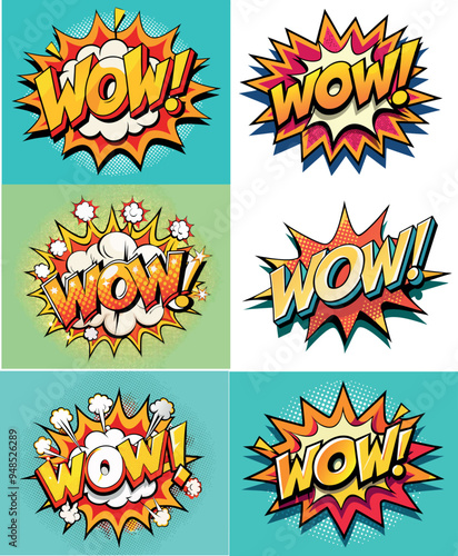 Collection of six retro comic book wow explosion elements saying wow