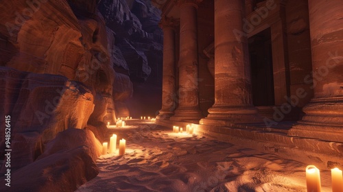 A pathway illuminated by candles leading to a sandstone temple entrance.