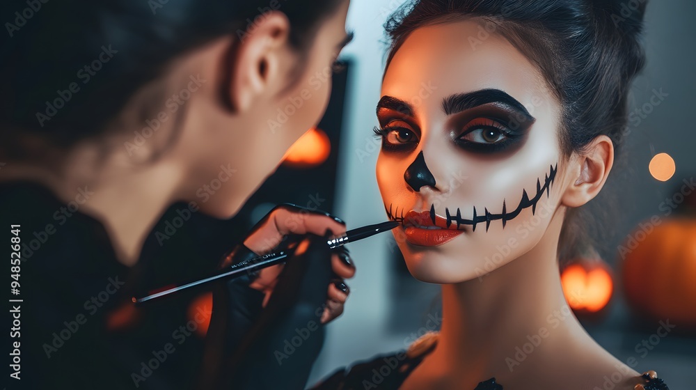 Obraz premium A model getting Halloween makeup applied in a clean sharp minimalist style