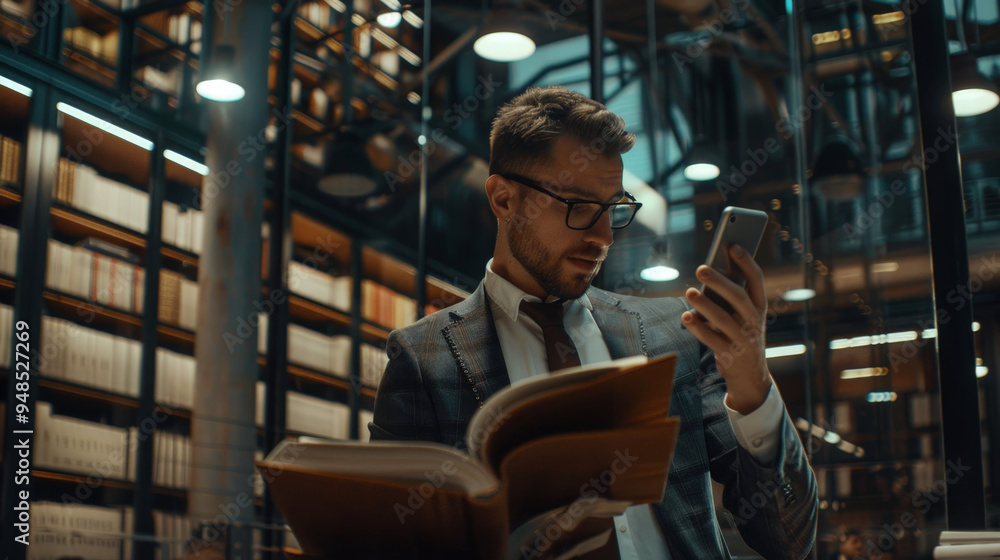 businessman reading a book in a library businessman reading a book in a library