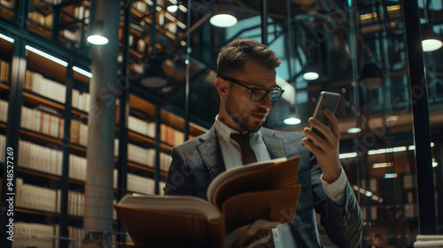 businessman reading a book in a library