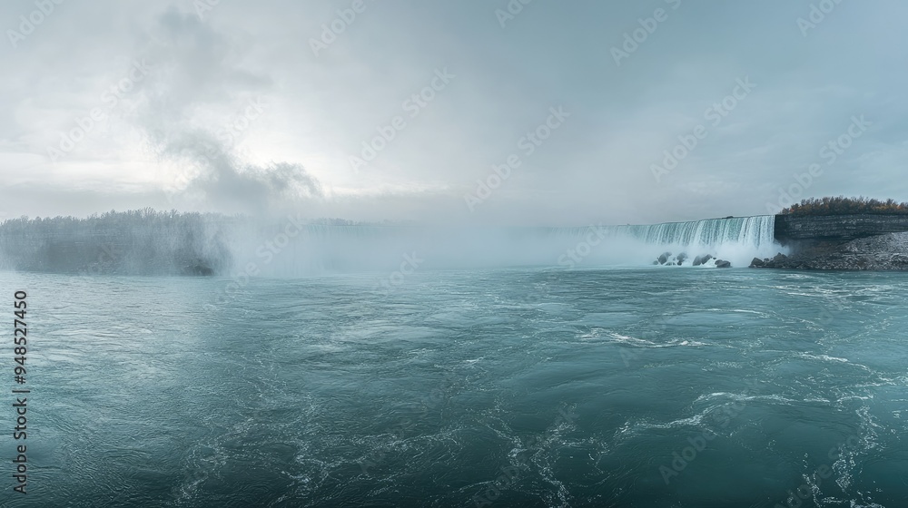 A panoramic view of the Niagara Falls with mist rising from the cascading water. No people, copy space. A panoramic view of the Niagara Falls with mist rising from the cascading water. No people, copy space.