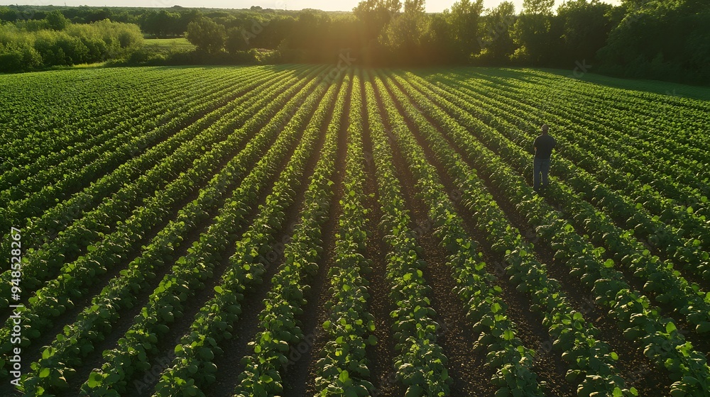 49. **A view of a field of soybeans with a farmer checking plant health. 49. **A view of a field of soybeans with a farmer checking plant health.