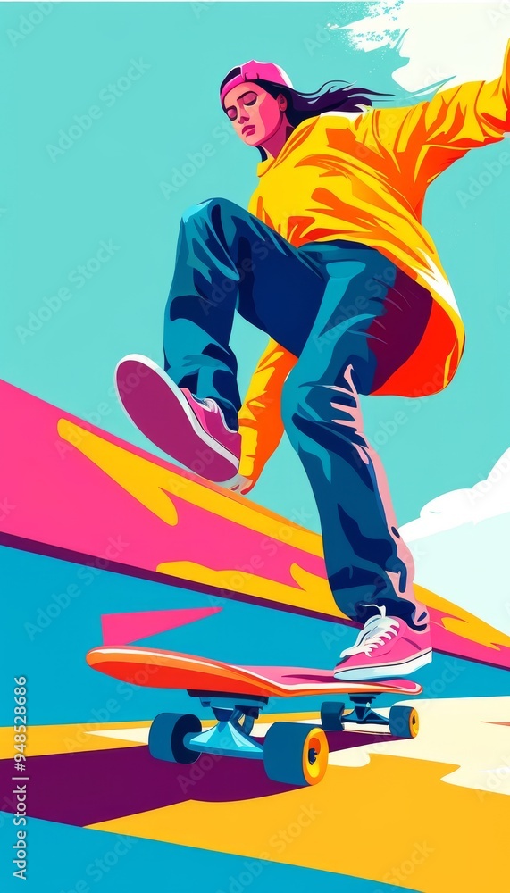 Fototapeta premium skater doing tricks, bright and juicy illustration