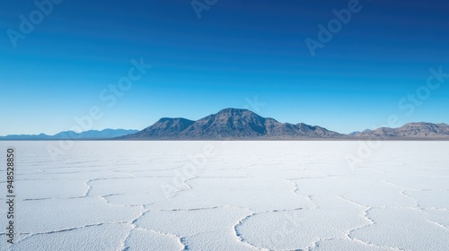 A panoramic view of the Utah salt flats with a clear blue sky. No people, copy space. photo