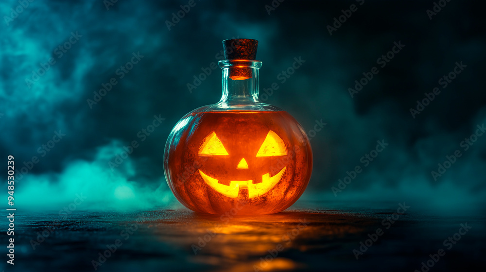 Bottle of Mysterious Potion with Glowing Orange Liquid and a Pumpkin Face Label, Surrounded by Smoke and Dim Lighting, Perfect for Halloween or Witchcraft Themes Bottle of Mysterious Potion with Glowing Orange Liquid and a Pumpkin Face Label, Surrounded by Smoke and Dim Lighting, Perfect for Halloween or Witchcraft Themes