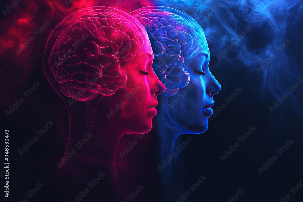 Obraz premium Artistic representation of two faces with contrasting brain visuals symbolizing the duality of thoughts and the balance of opposing ideas