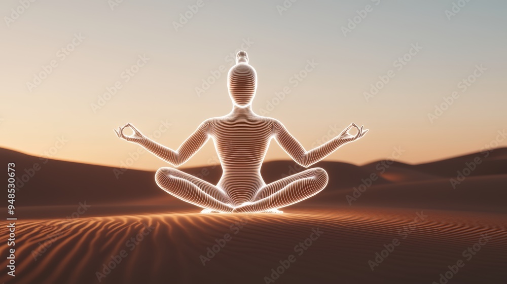 A serene silhouette meditates in a tranquil desert at sunset, radiating peace and mindfulness in a beautiful ambiance. A serene silhouette meditates in a tranquil desert at sunset, radiating peace and mindfulness in a beautiful ambiance.