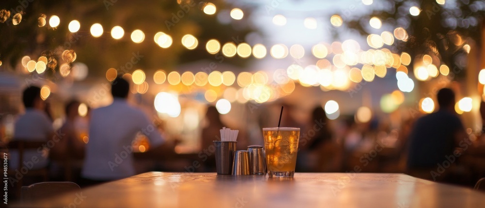Blurred Outdoor Bar Scene with Bokeh Lights and Socializing Blurred Outdoor Bar Scene with Bokeh Lights and Socializing