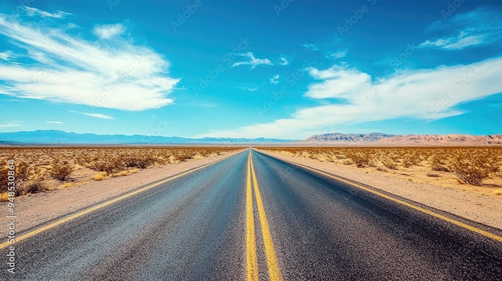 A quiet desert road stretching into the distance in the American Southwest. No people, copy space.
