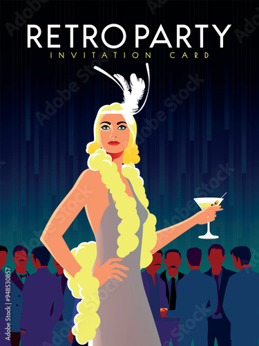 Young attractive girl in an evening vintage dress with a glass of cocktail in her hand. Retro party invitation card. Handmade drawing vector illustration. Art Deco style