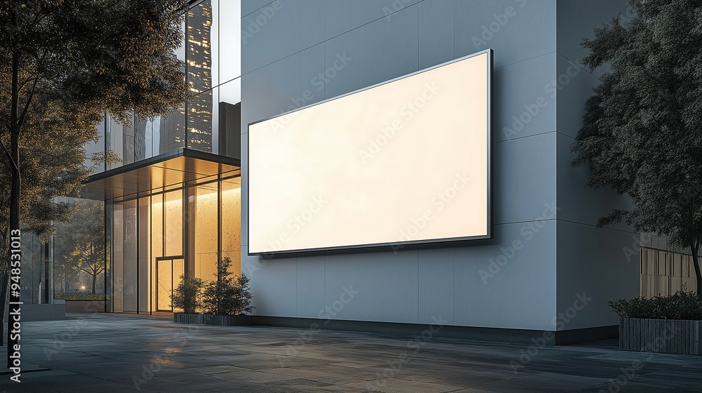 A front view of a large, white, blank, and empty advertising poster model in a building with glass walls, designed as a contemporary art center on a city street A front view of a large, white, blank, and empty advertising poster model in a building with glass walls, designed as a contemporary art center on a city street
