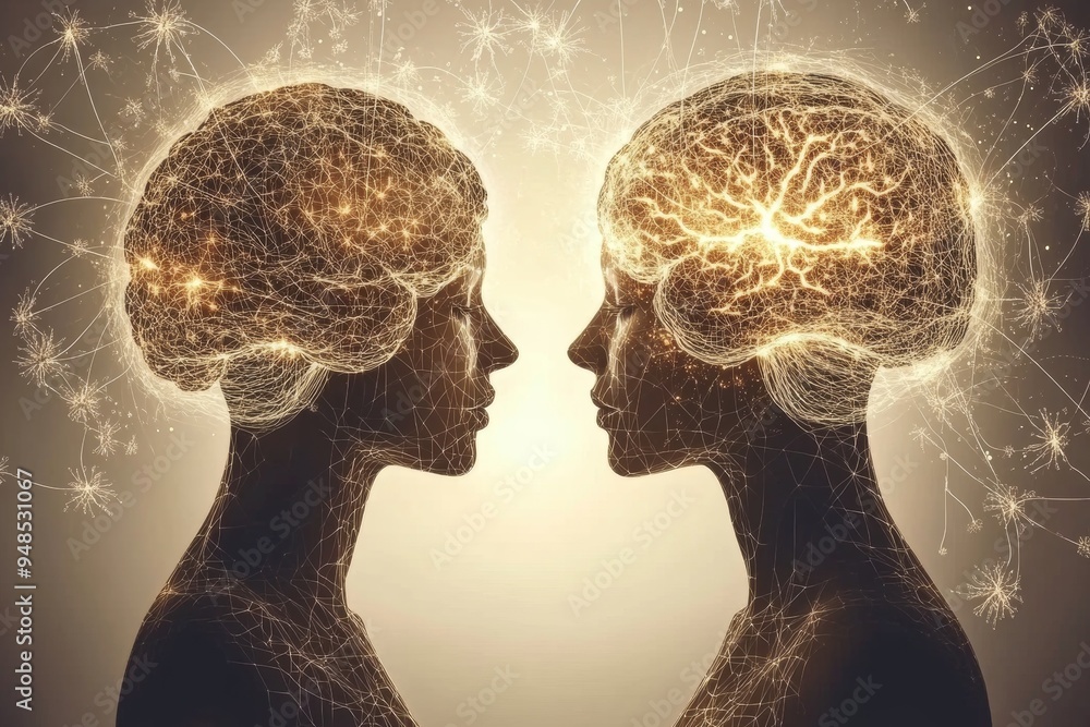 Artistic representation of two glowing brains facing each other symbolizing the synergy of thoughts and the intellectual connection between two people Artistic representation of two glowing brains facing each other symbolizing the synergy of thoughts and the intellectual connection between two people