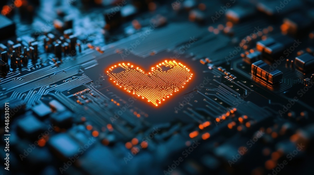 Fototapeta premium Digital Heartbeat: A glowing heart on a circuit board