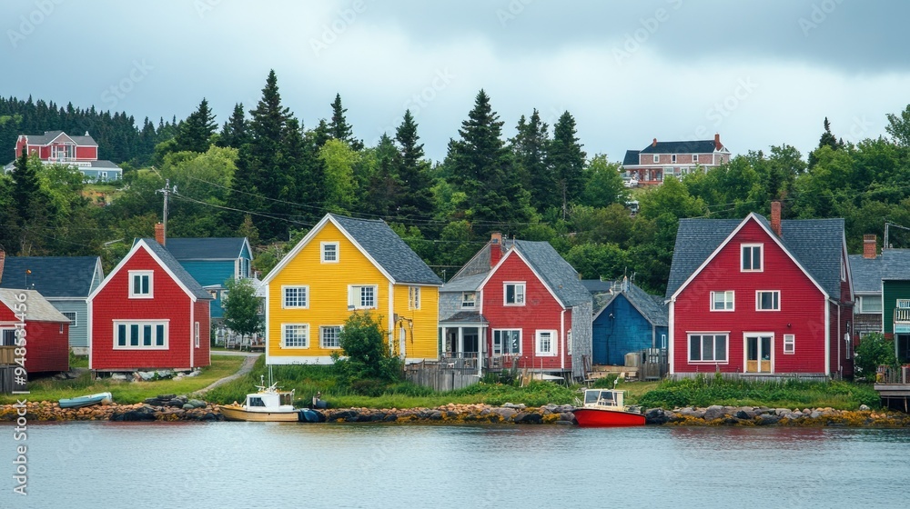 A quiet fishing village on the coast of Nova Scotia with colorful houses. No people, copy space. A quiet fishing village on the coast of Nova Scotia with colorful houses. No people, copy space.