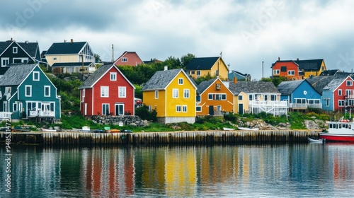 A quiet fishing village on the coast of Nova Scotia with colorful houses. No people, copy space.