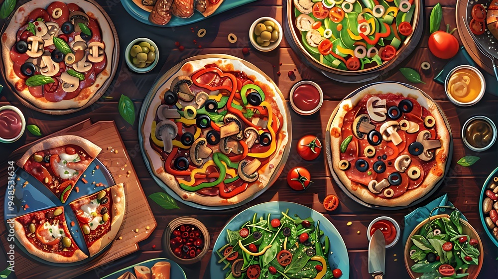 Delicious Pizza & Salad Spread - A Feast for the Senses Delicious Pizza & Salad Spread - A Feast for the Senses