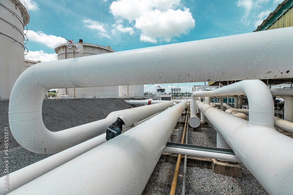 Male worker inspection and measurement thickness pipeline oil and gas at check record pipeline